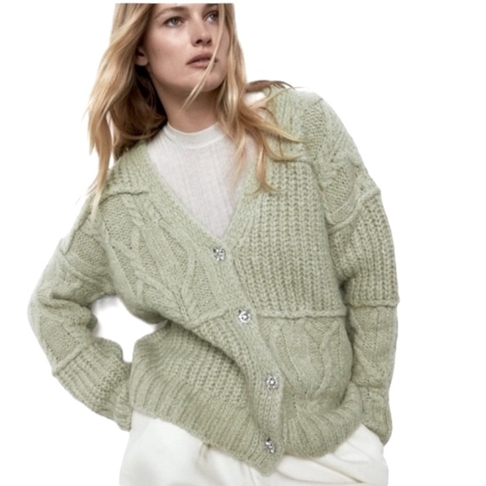ZARA Cardigan Knit Sweater Jewel Buttons Long Sleeve Pistachio Green Women M - Picture 3 of 12